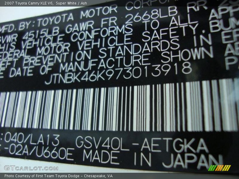 Super White / Ash 2007 Toyota Camry XLE V6