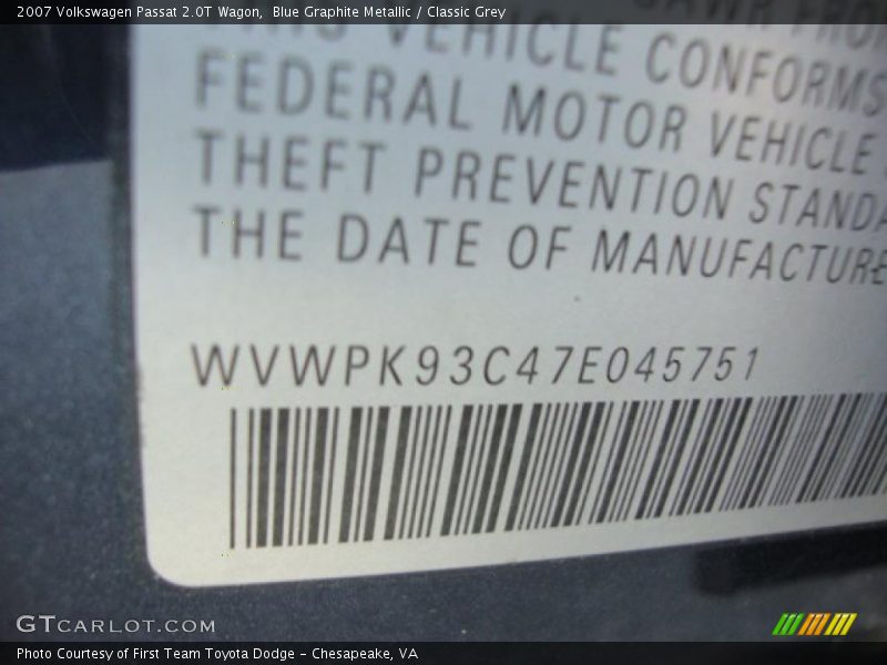 Blue Graphite Metallic / Classic Grey 2007 Volkswagen Passat 2.0T Wagon
