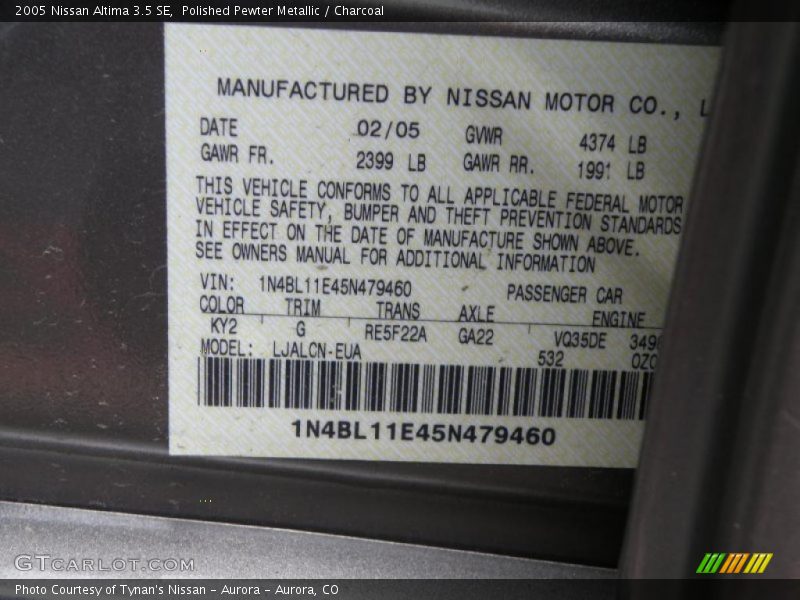 Polished Pewter Metallic / Charcoal 2005 Nissan Altima 3.5 SE