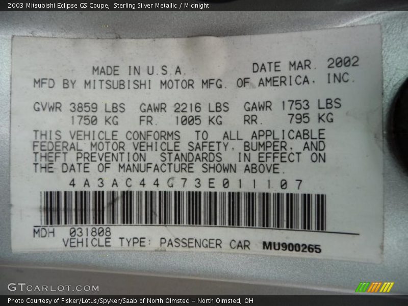 Sterling Silver Metallic / Midnight 2003 Mitsubishi Eclipse GS Coupe