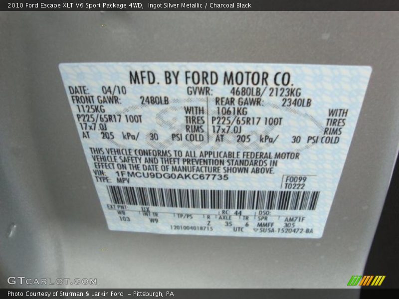 Ingot Silver Metallic / Charcoal Black 2010 Ford Escape XLT V6 Sport Package 4WD