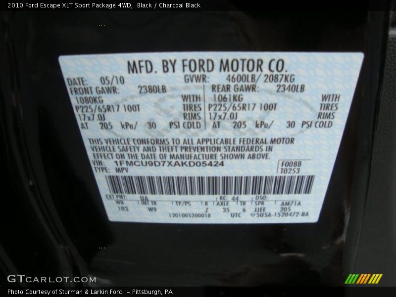 Black / Charcoal Black 2010 Ford Escape XLT Sport Package 4WD
