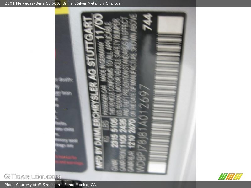 Brilliant Silver Metallic / Charcoal 2001 Mercedes-Benz CL 600