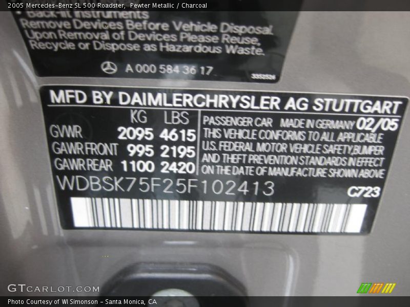 Pewter Metallic / Charcoal 2005 Mercedes-Benz SL 500 Roadster