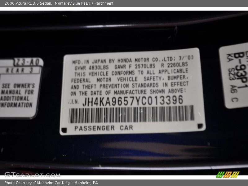 Monterey Blue Pearl / Parchment 2000 Acura RL 3.5 Sedan