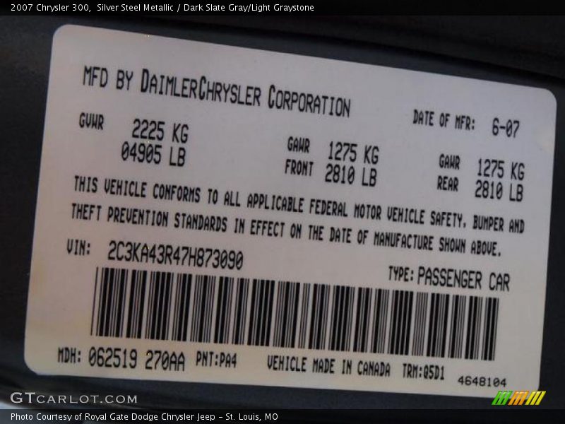 Silver Steel Metallic / Dark Slate Gray/Light Graystone 2007 Chrysler 300