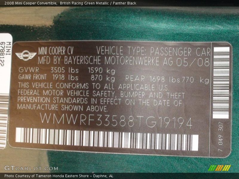 British Racing Green Metallic / Panther Black 2008 Mini Cooper Convertible