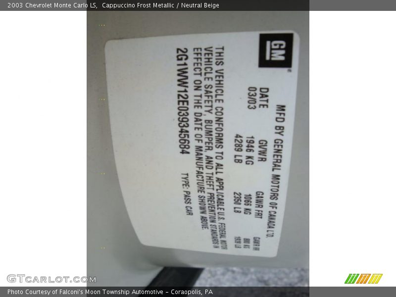Cappuccino Frost Metallic / Neutral Beige 2003 Chevrolet Monte Carlo LS