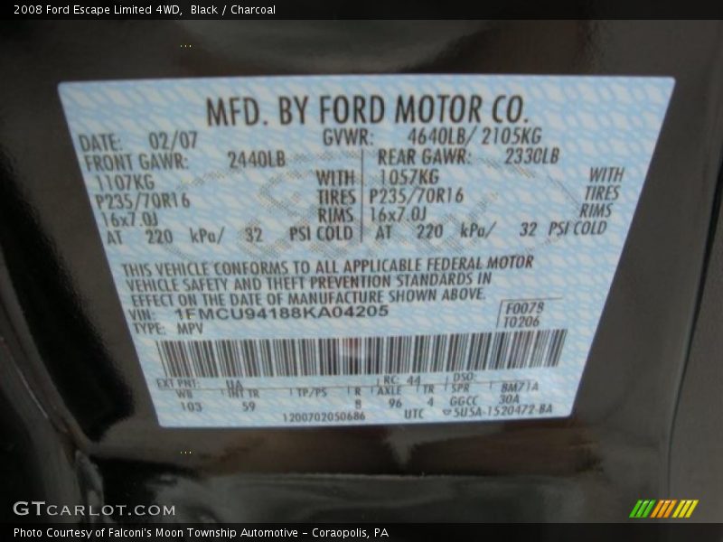 Black / Charcoal 2008 Ford Escape Limited 4WD