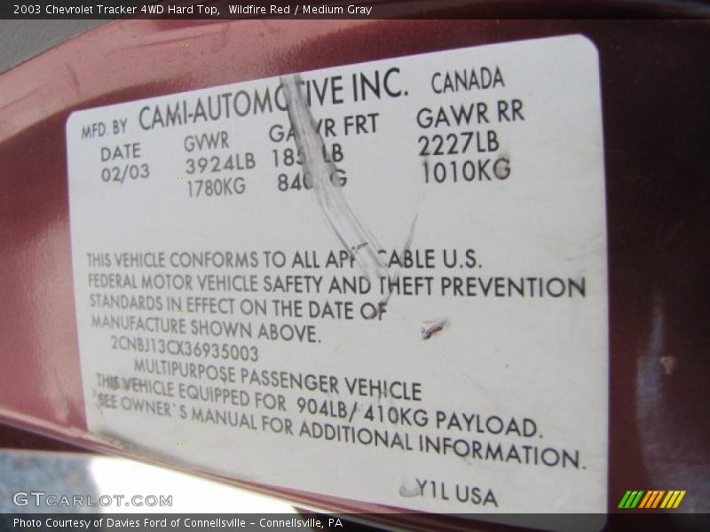 Wildfire Red / Medium Gray 2003 Chevrolet Tracker 4WD Hard Top