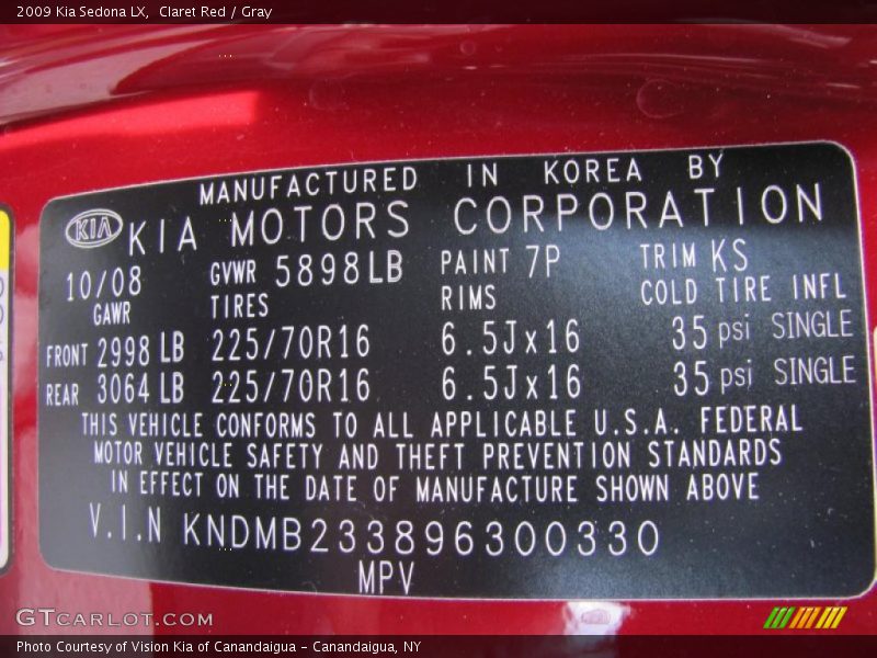 Claret Red / Gray 2009 Kia Sedona LX