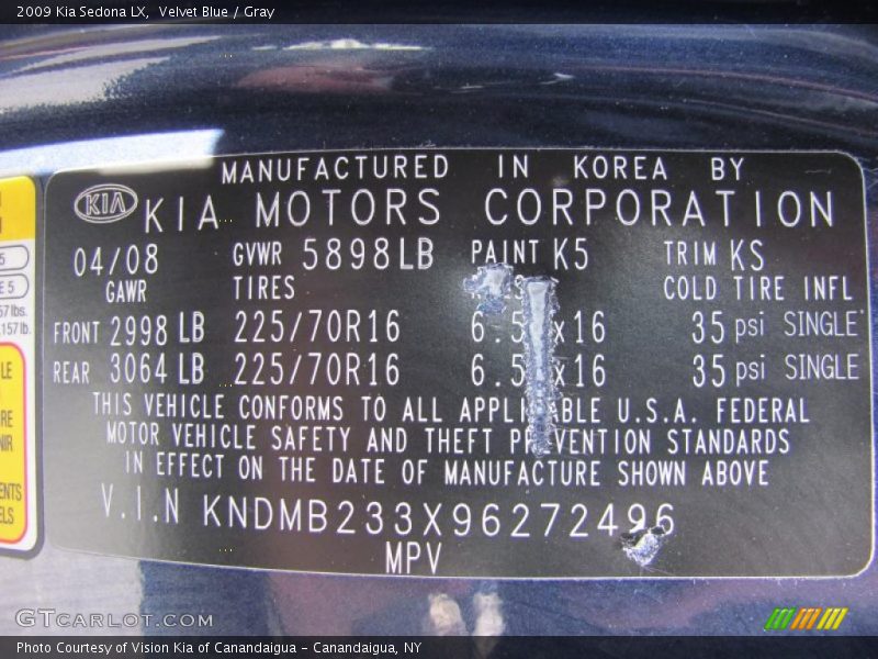 Velvet Blue / Gray 2009 Kia Sedona LX