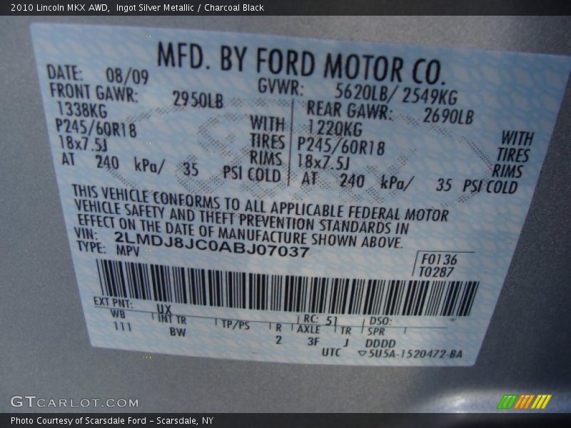 Ingot Silver Metallic / Charcoal Black 2010 Lincoln MKX AWD