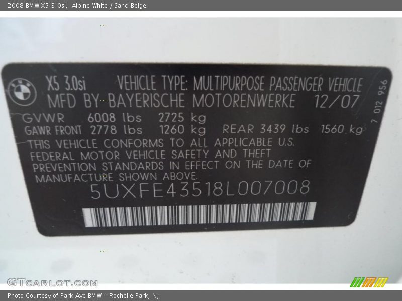 Alpine White / Sand Beige 2008 BMW X5 3.0si