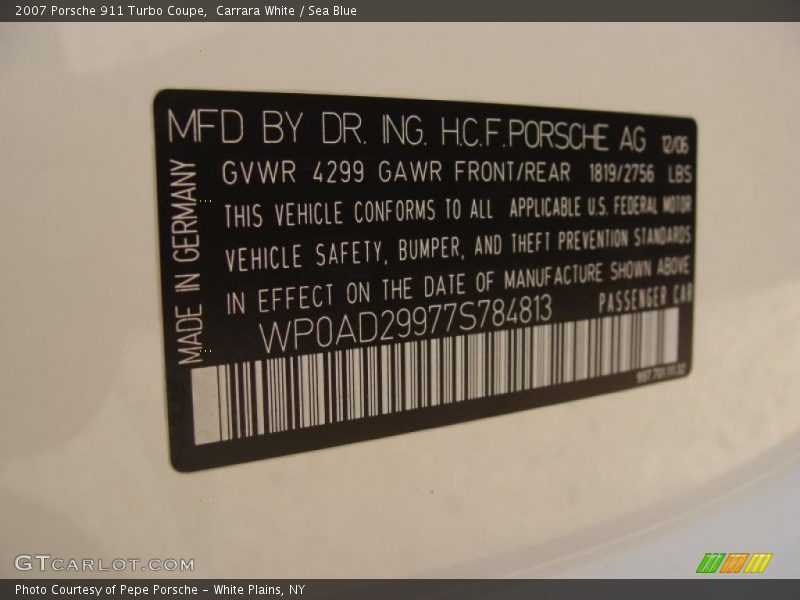 Carrara White / Sea Blue 2007 Porsche 911 Turbo Coupe