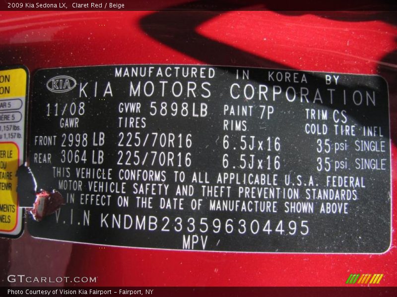 Claret Red / Beige 2009 Kia Sedona LX