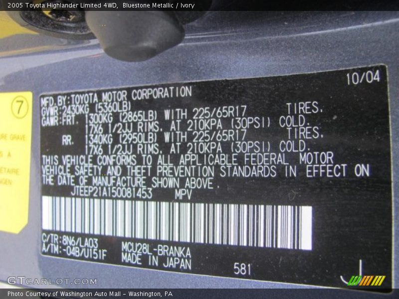 Bluestone Metallic / Ivory 2005 Toyota Highlander Limited 4WD