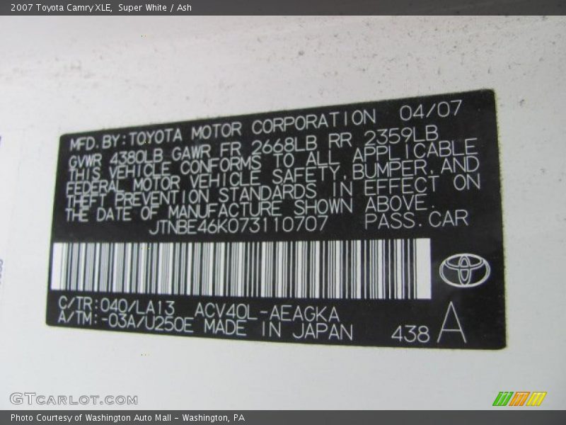 Super White / Ash 2007 Toyota Camry XLE