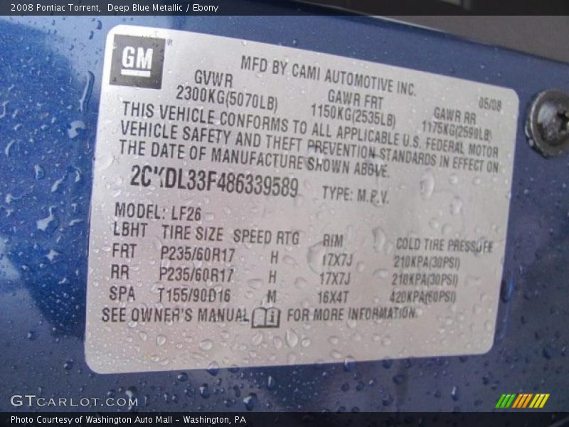 Deep Blue Metallic / Ebony 2008 Pontiac Torrent