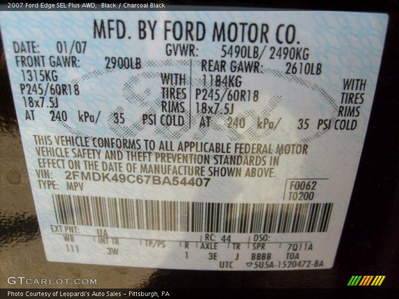 Black / Charcoal Black 2007 Ford Edge SEL Plus AWD