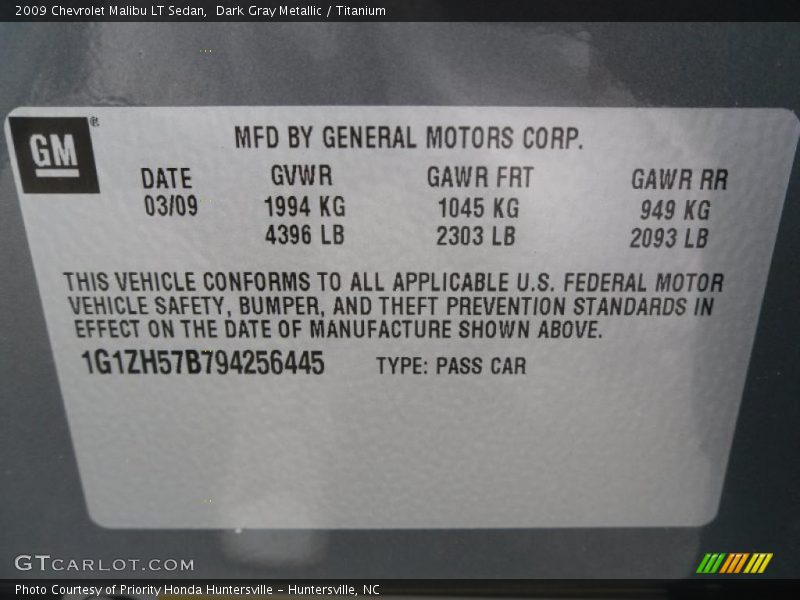 Dark Gray Metallic / Titanium 2009 Chevrolet Malibu LT Sedan