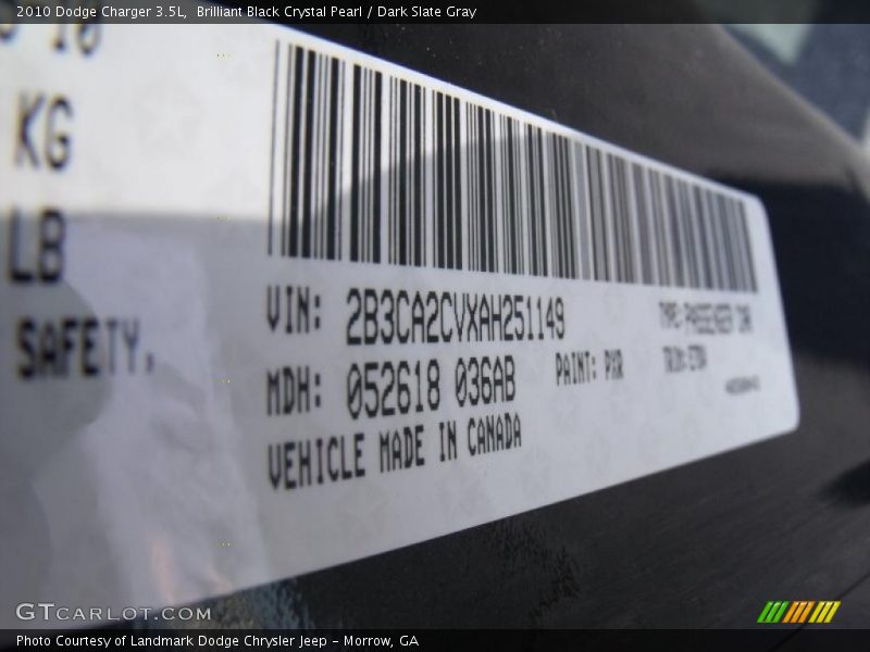 Brilliant Black Crystal Pearl / Dark Slate Gray 2010 Dodge Charger 3.5L