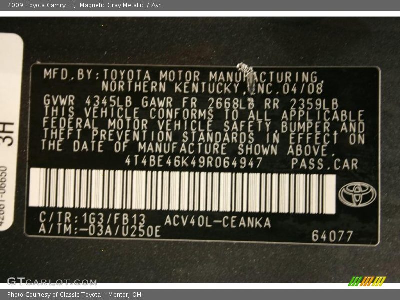 Magnetic Gray Metallic / Ash 2009 Toyota Camry LE