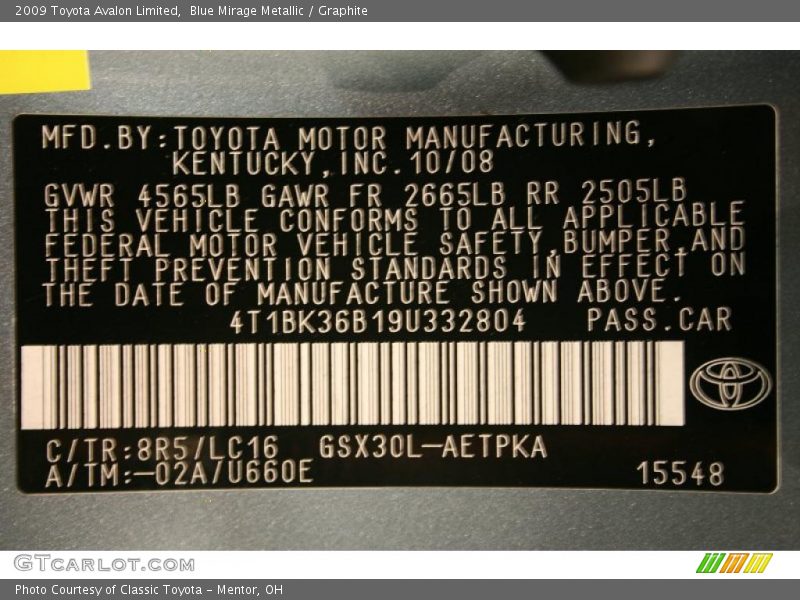 Blue Mirage Metallic / Graphite 2009 Toyota Avalon Limited