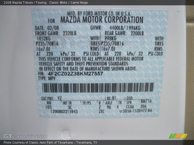 Classic White / Camel Beige 2008 Mazda Tribute i Touring