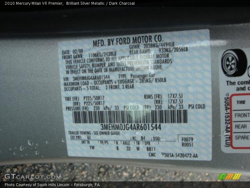 Brilliant Silver Metallic / Dark Charcoal 2010 Mercury Milan V6 Premier