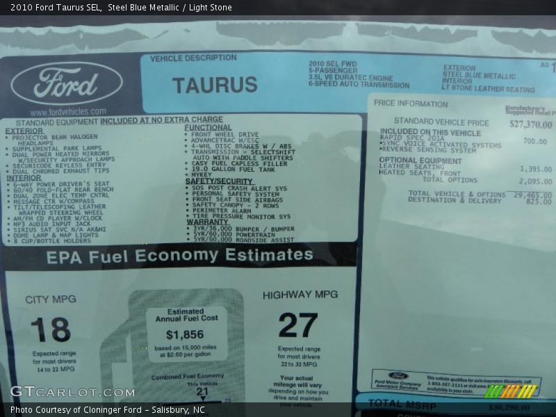 Steel Blue Metallic / Light Stone 2010 Ford Taurus SEL