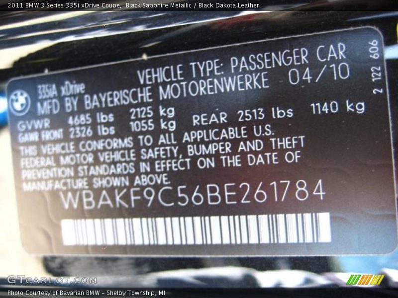 Black Sapphire Metallic / Black Dakota Leather 2011 BMW 3 Series 335i xDrive Coupe