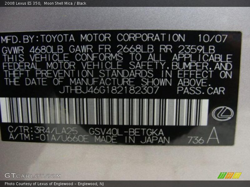 Moon Shell Mica / Black 2008 Lexus ES 350