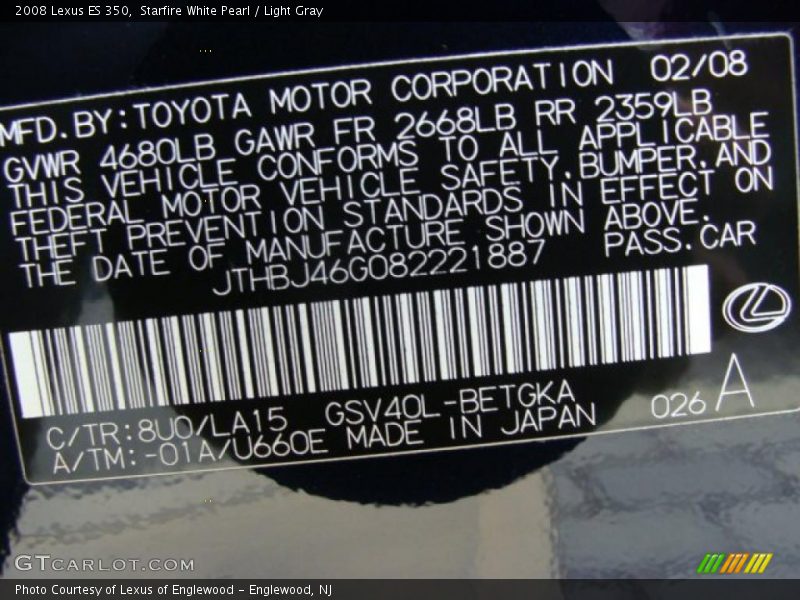 Starfire White Pearl / Light Gray 2008 Lexus ES 350