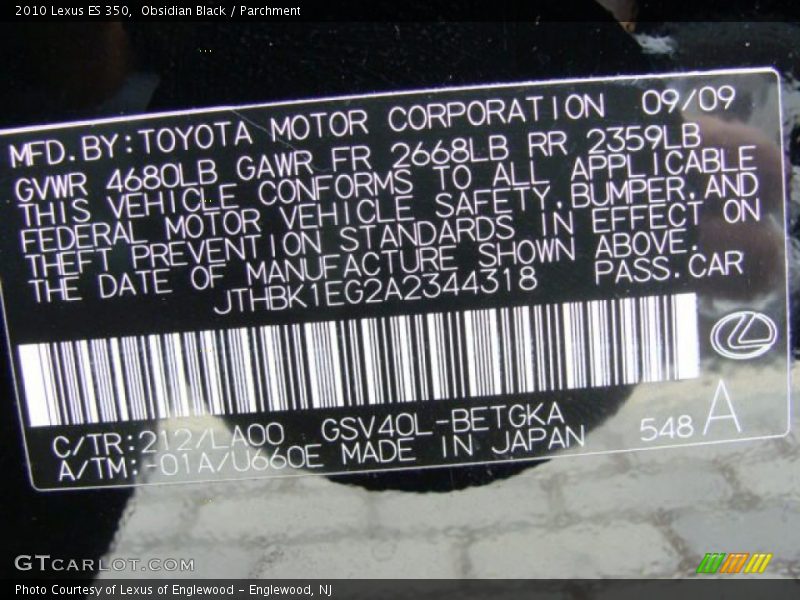 Obsidian Black / Parchment 2010 Lexus ES 350