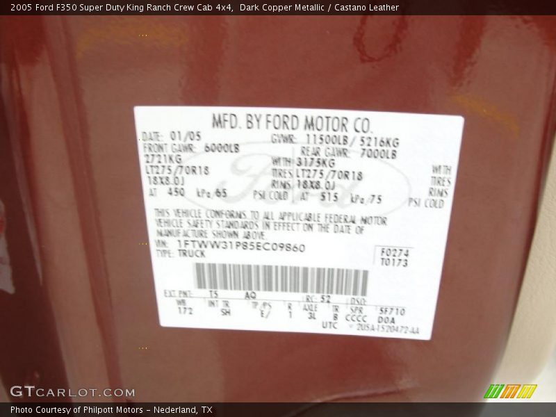 2005 F350 Super Duty King Ranch Crew Cab 4x4 Dark Copper Metallic Color Code T5