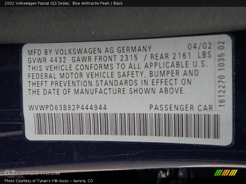 Blue Anthracite Pearl / Black 2002 Volkswagen Passat GLS Sedan