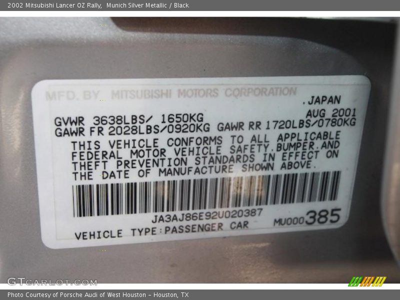 Munich Silver Metallic / Black 2002 Mitsubishi Lancer OZ Rally