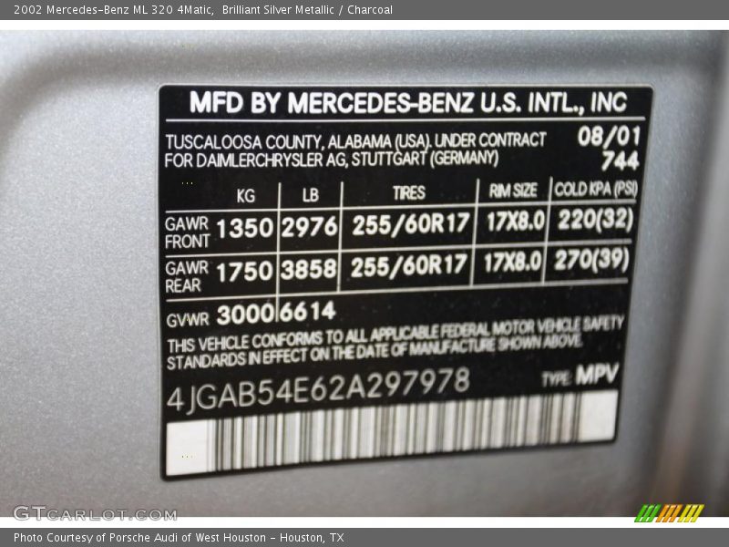 Brilliant Silver Metallic / Charcoal 2002 Mercedes-Benz ML 320 4Matic