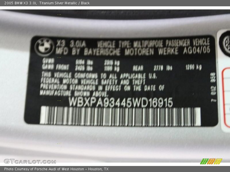 Titanium Silver Metallic / Black 2005 BMW X3 3.0i