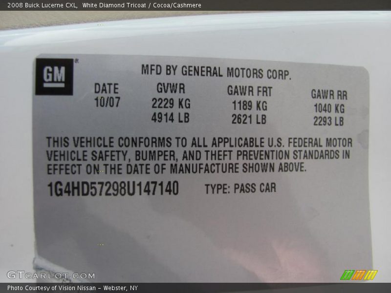 White Diamond Tricoat / Cocoa/Cashmere 2008 Buick Lucerne CXL