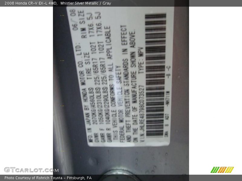 Whistler Silver Metallic / Gray 2008 Honda CR-V EX-L 4WD