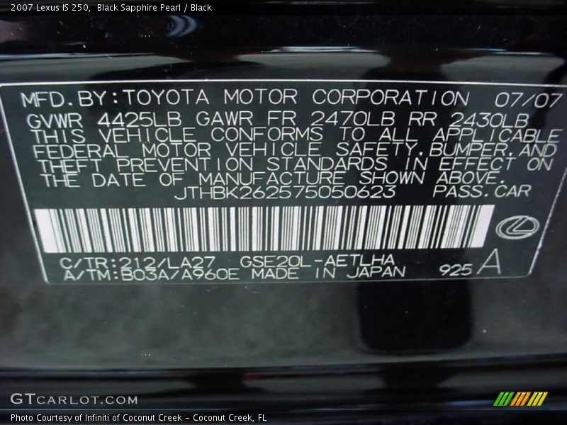 Black Sapphire Pearl / Black 2007 Lexus IS 250