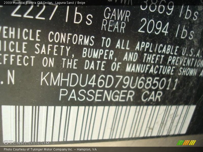 Laguna Sand / Beige 2009 Hyundai Elantra GLS Sedan