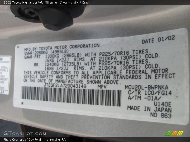 Millennium Silver Metallic / Gray 2002 Toyota Highlander V6