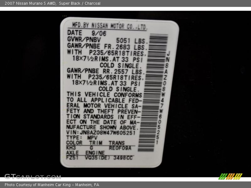 Super Black / Charcoal 2007 Nissan Murano S AWD