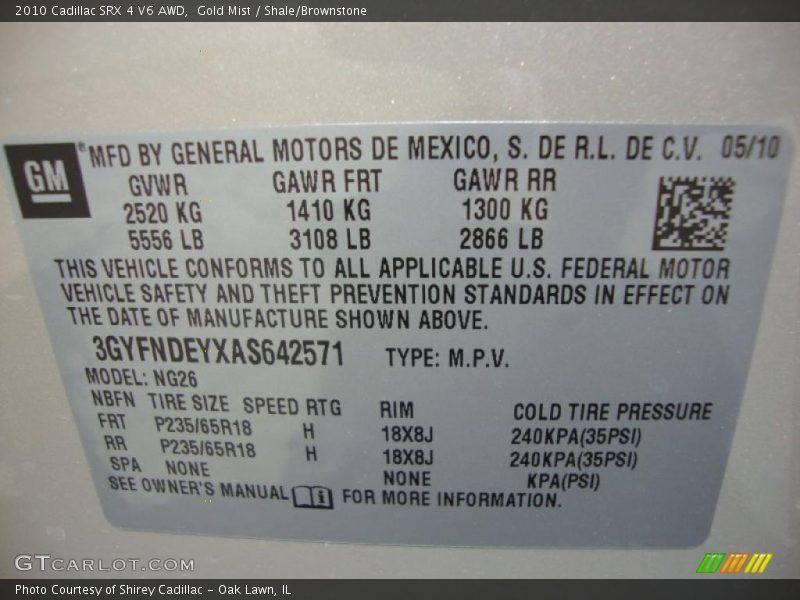 Gold Mist / Shale/Brownstone 2010 Cadillac SRX 4 V6 AWD