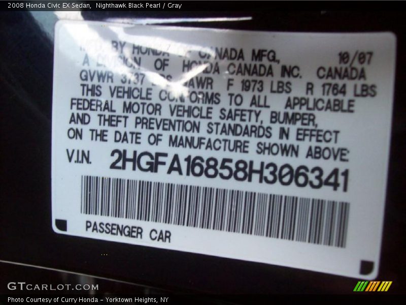 Nighthawk Black Pearl / Gray 2008 Honda Civic EX Sedan
