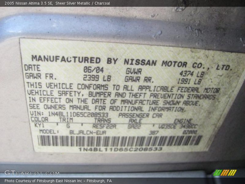 Sheer Silver Metallic / Charcoal 2005 Nissan Altima 3.5 SE