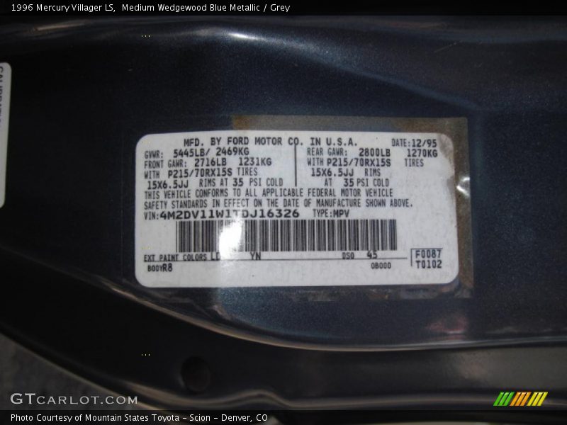 Medium Wedgewood Blue Metallic / Grey 1996 Mercury Villager LS